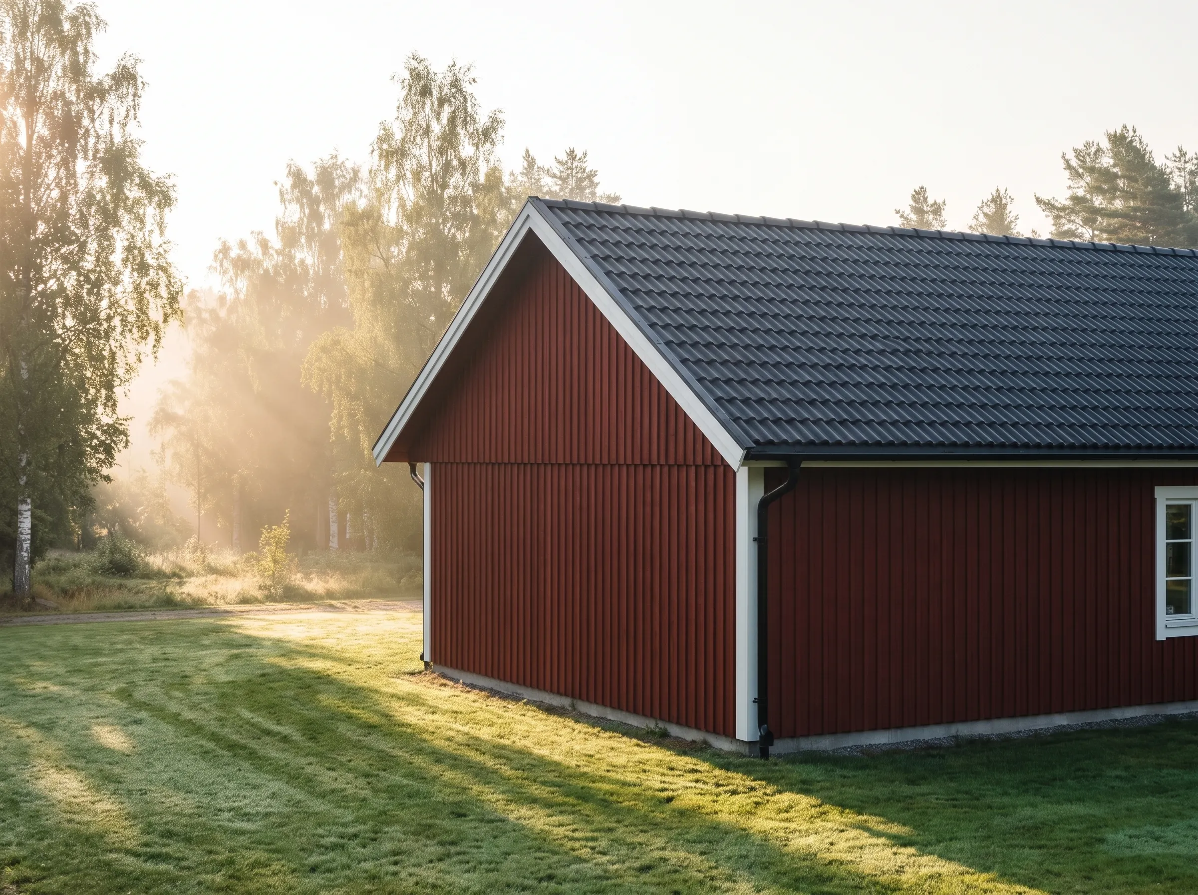 Faluröd villa med nytt antracitgrått betongtak i morgondimma.