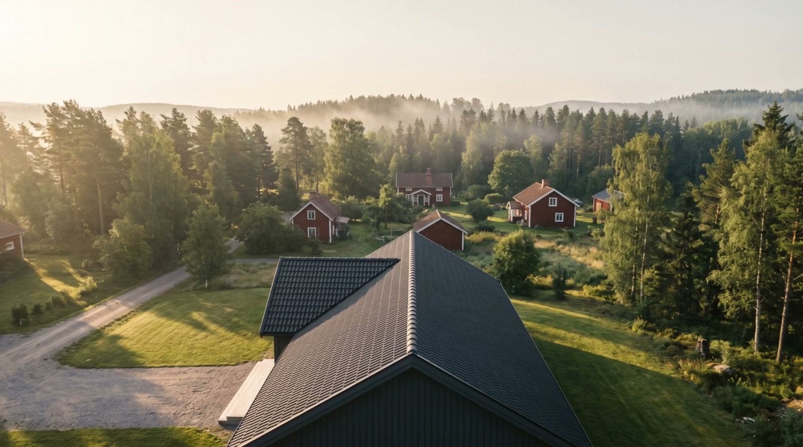 Flygvy över en villa med nytt antracitgrått betongtak i Mellansverige, omgiven av faluröda hus och morgondimma.